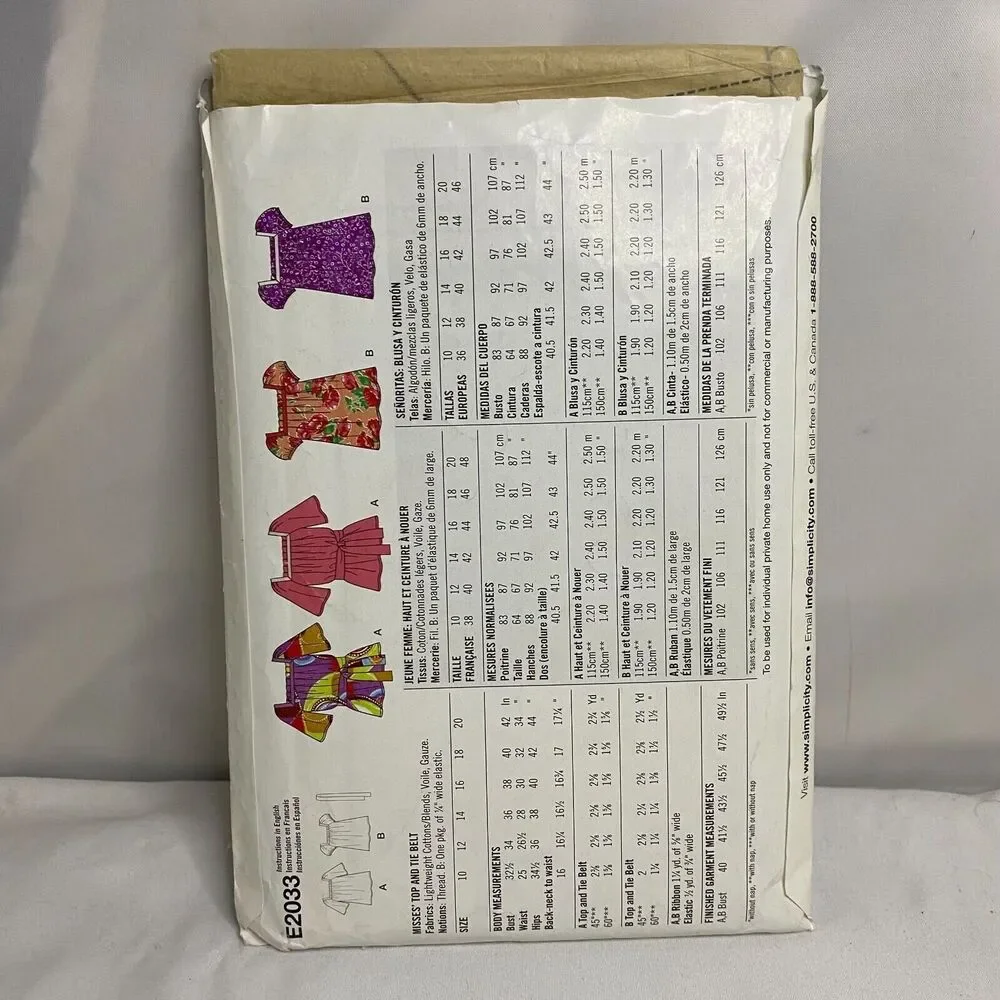 #E2033 Simplicity Misses Top and Tie Belt Sewing Pattern SIZE 10-20